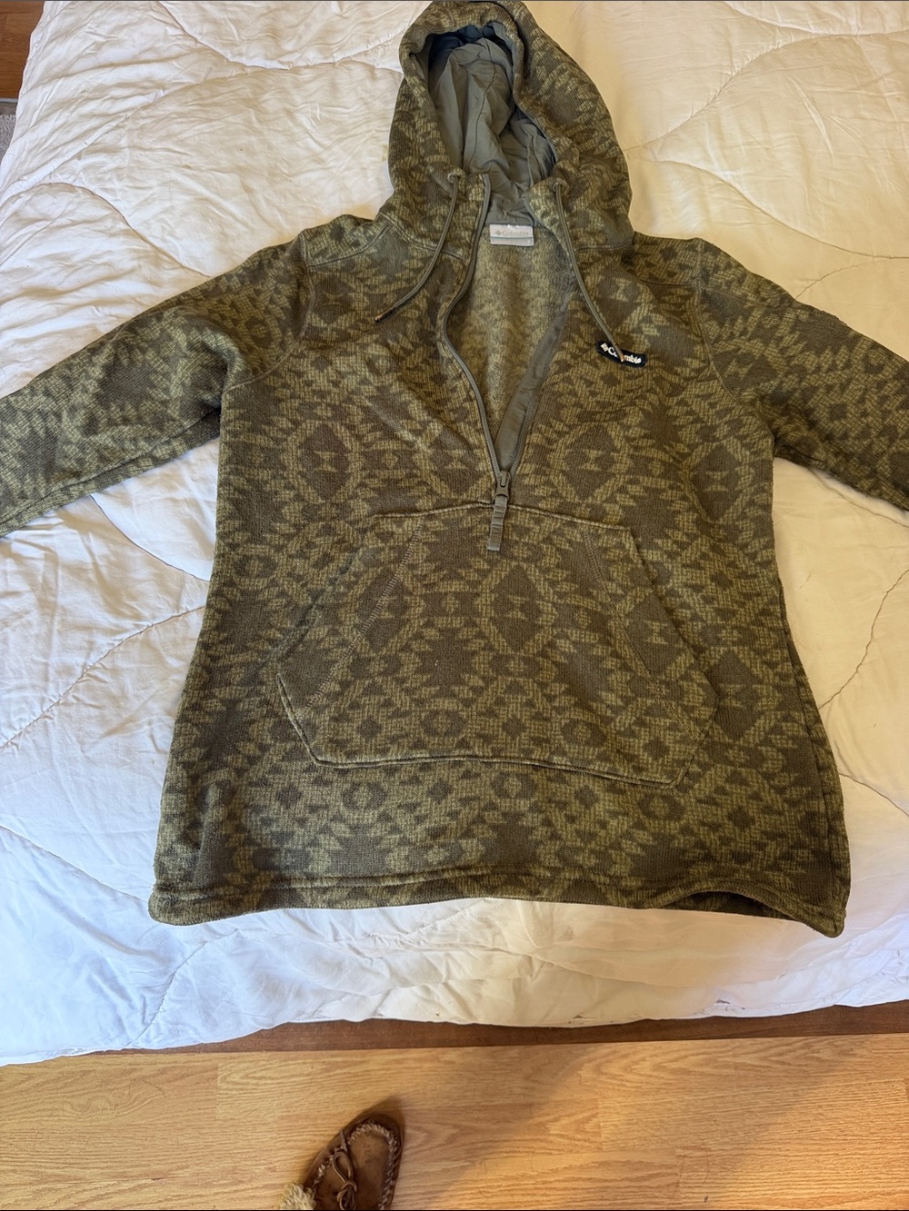 Columbia Olive Green Patterned Half-Zip Cowl Hoodie Sweater